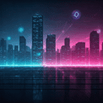 a city skyline with neon lights