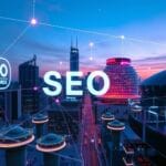 a city with buildings and dots