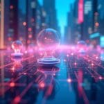 a glass light bulb on a black surface with red lines and buildings in the background