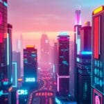 a city with buildings and neon lights. Elementor slow