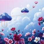 a painting of flowers and clouds