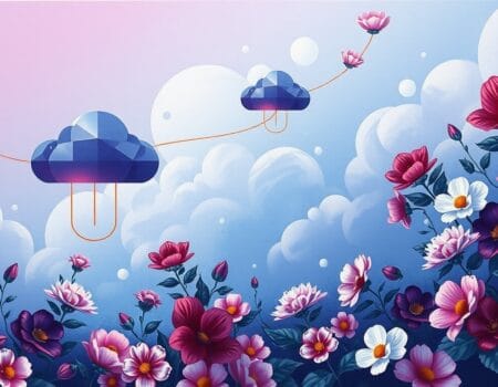 a painting of flowers and clouds
