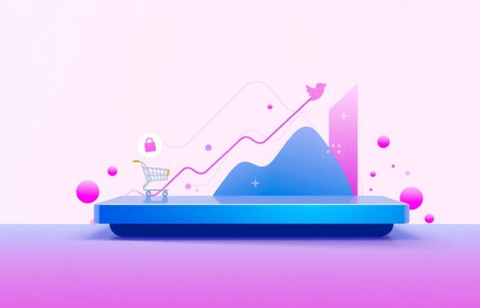 a blue rectangular shelf with a shopping cart on it