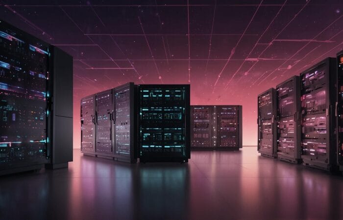 An image of server racks in a futuristic style. Cloud Database Migration Solutions: Data Transfer Strategies