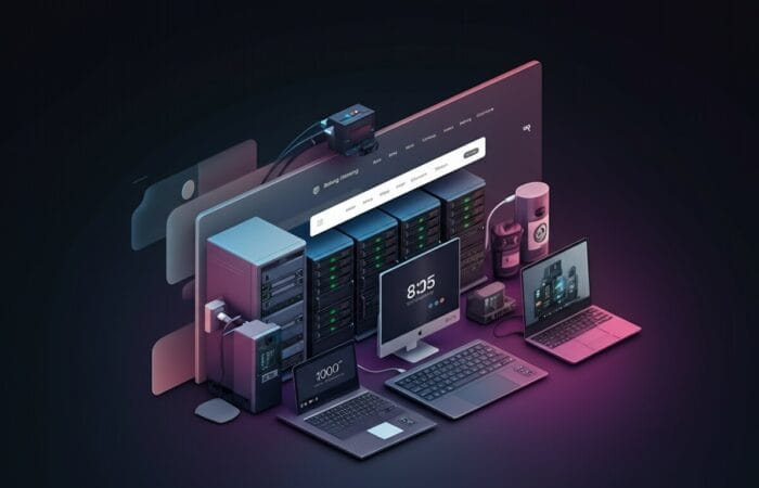 A futuristic. desk and computer with servers and technology surrounding the workstation.Cloud Platform Migration Solutions: Cross-Platform Movement